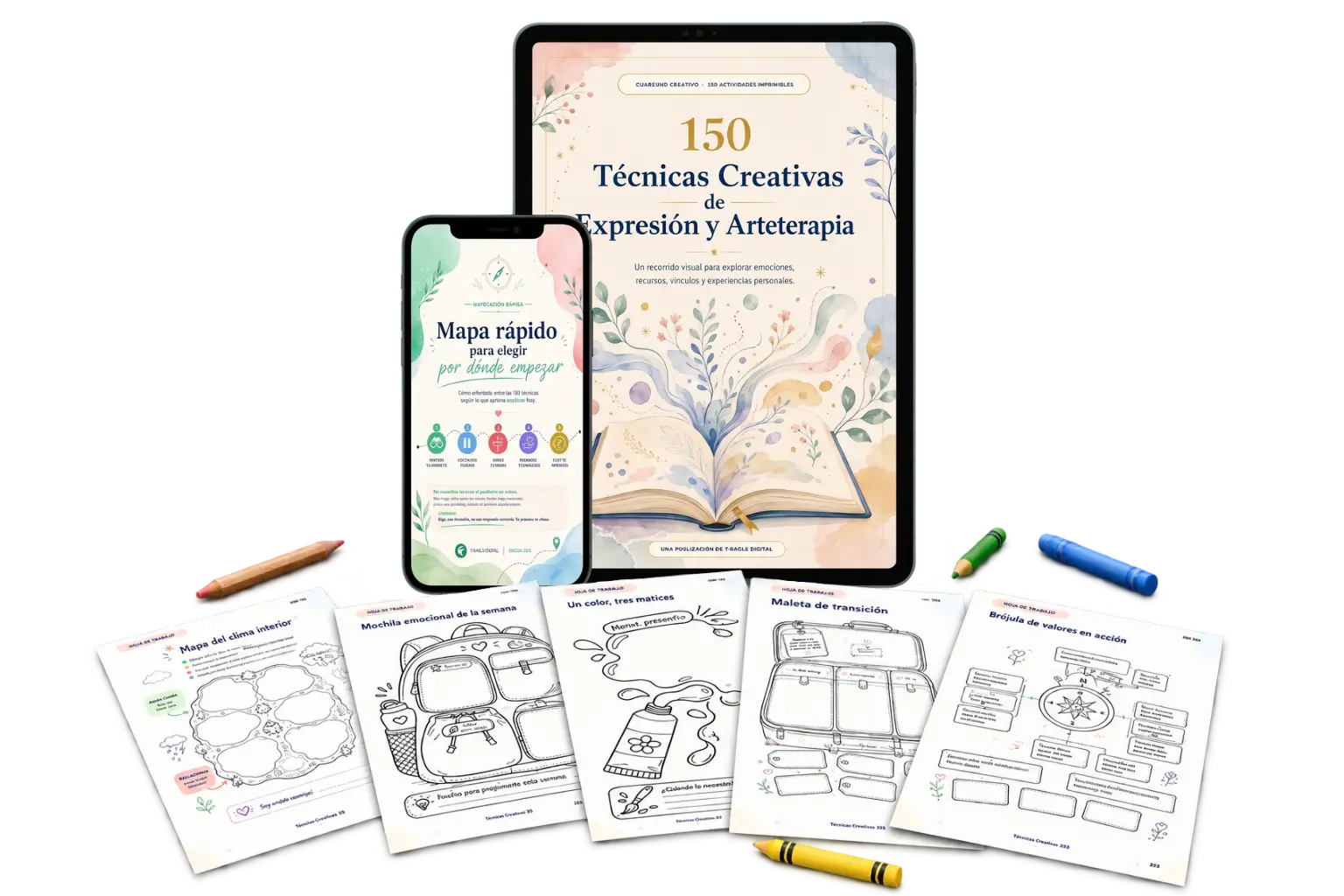 Mockup de 150 Técnicas Creativas de Expresión y Arteterapia y Mapa rápido para elegir por dónde empezar