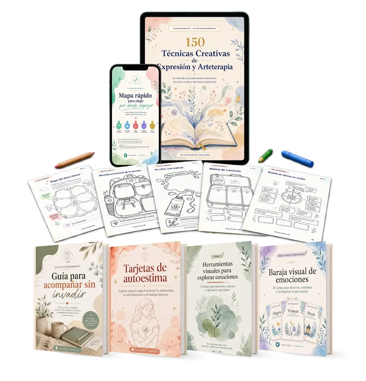 Mockup de la oferta completa con 150 Técnicas Creativas, Mapa rápido y cuatro bonos